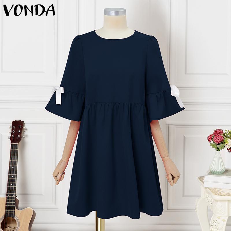 VONDA Summer Women Half Sleeve Bow Knot Casual Pleated Tunic Dress