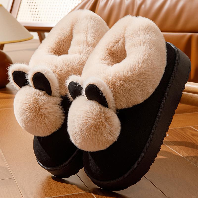 Women Warm Indoor House Slippers with Fluffy Ears & Pom Poms, Matching Couple Family Slides for Autumn Winter