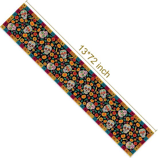 Dia De Los Muertos Table Runner Linen Mexican Sugar Skull Day of The Dead Altar Decoration for Home Kitchen Dining Room (13" X 72")