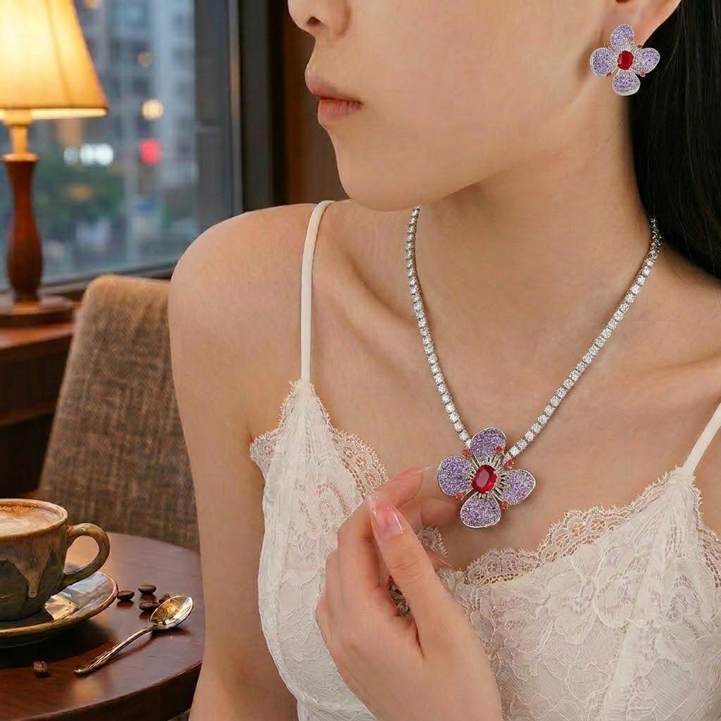 European Style Zircon Four-Leaf Petal Necklace & Earrings Set
