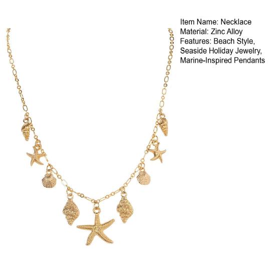 Summer Beach Necklace, Shell Conch Starfish Charms Necklace, Adjustable Coastal Style Necklace for Women Seaside Holiday Jewelry