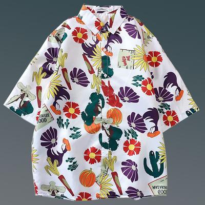 Camisa informal de manga corta con solapa retro holgada con estampado floral exquisito para vacaciones hawaianas a la moda junto al mar para hombre
