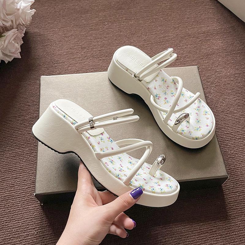 Small Fresh Toe Square Head Floral Sandals Women's Summer New Slope Heel Cool Slippers Women