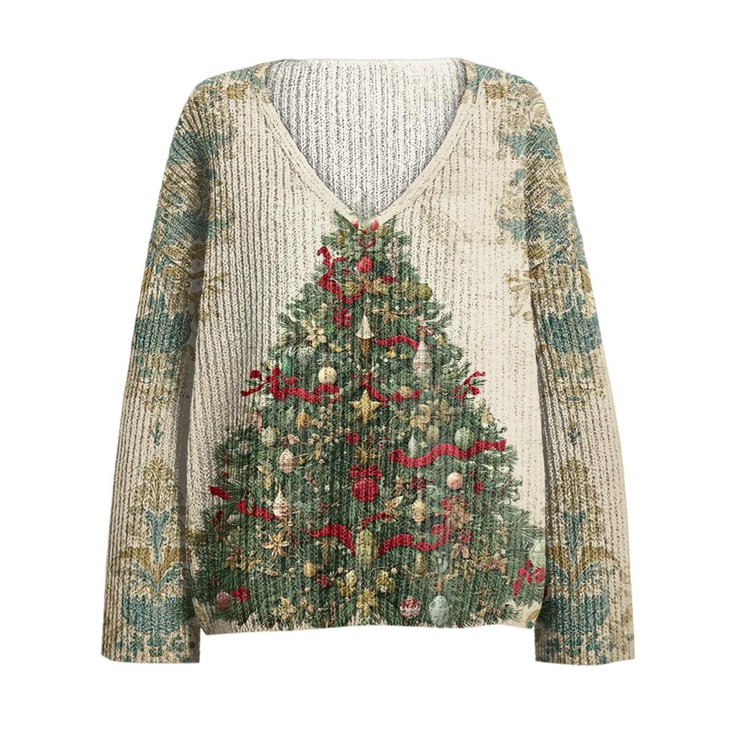 Kvinners avslappet V-hals langermet strikket julemønster genser