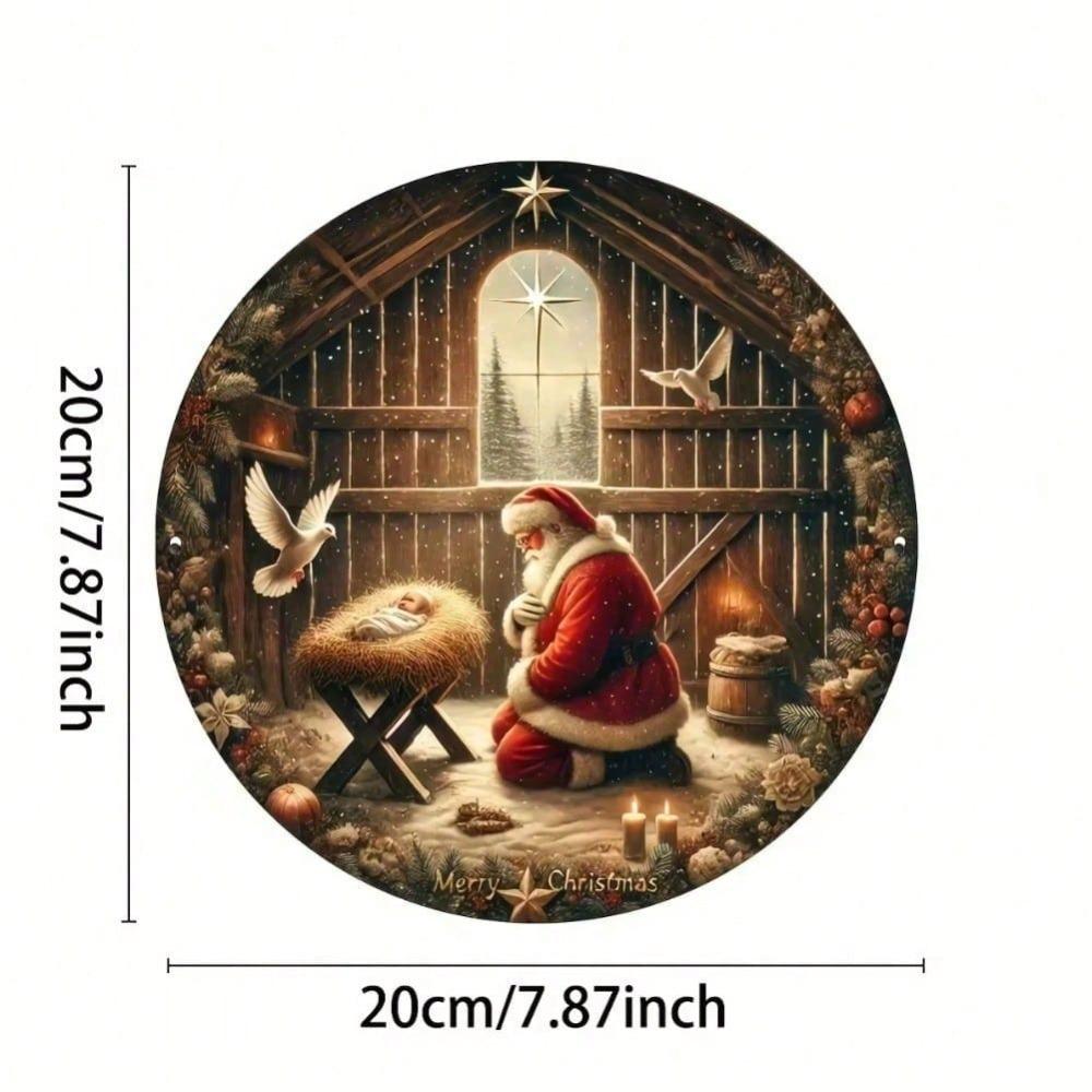 Christmas Kneeling Santa Tin Sign 8 Inch Round Metal Wall Art Home Bar Cafe Farmhouse Decor
