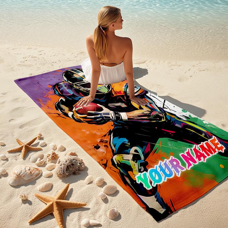 1PC Custom Name Football Player Action Beach Towel Highly Absorbent And Sand-Resistant Towel for Swimming, Pool, Yoga, And Travel Lightweight