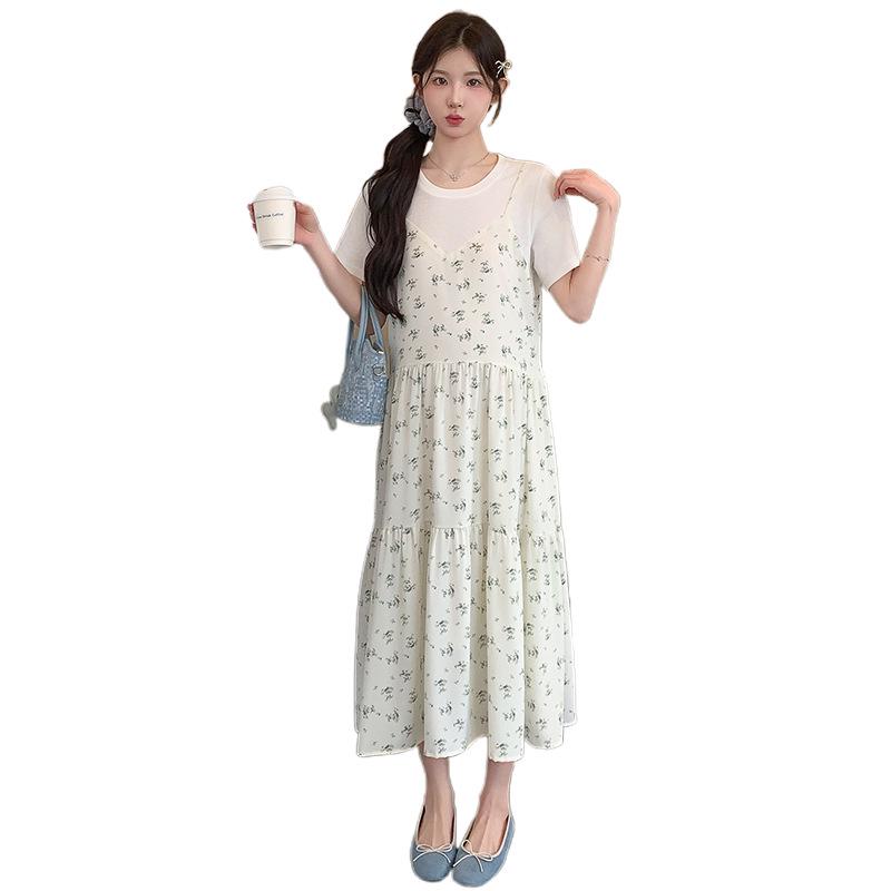 2026 Summer Korean Style Maternity Cotton & Chiffon Two-Piece T-shirt Dress