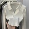 Women's Autumn Polo Collar Long-Sleeve White T-Shirt - Chic Style