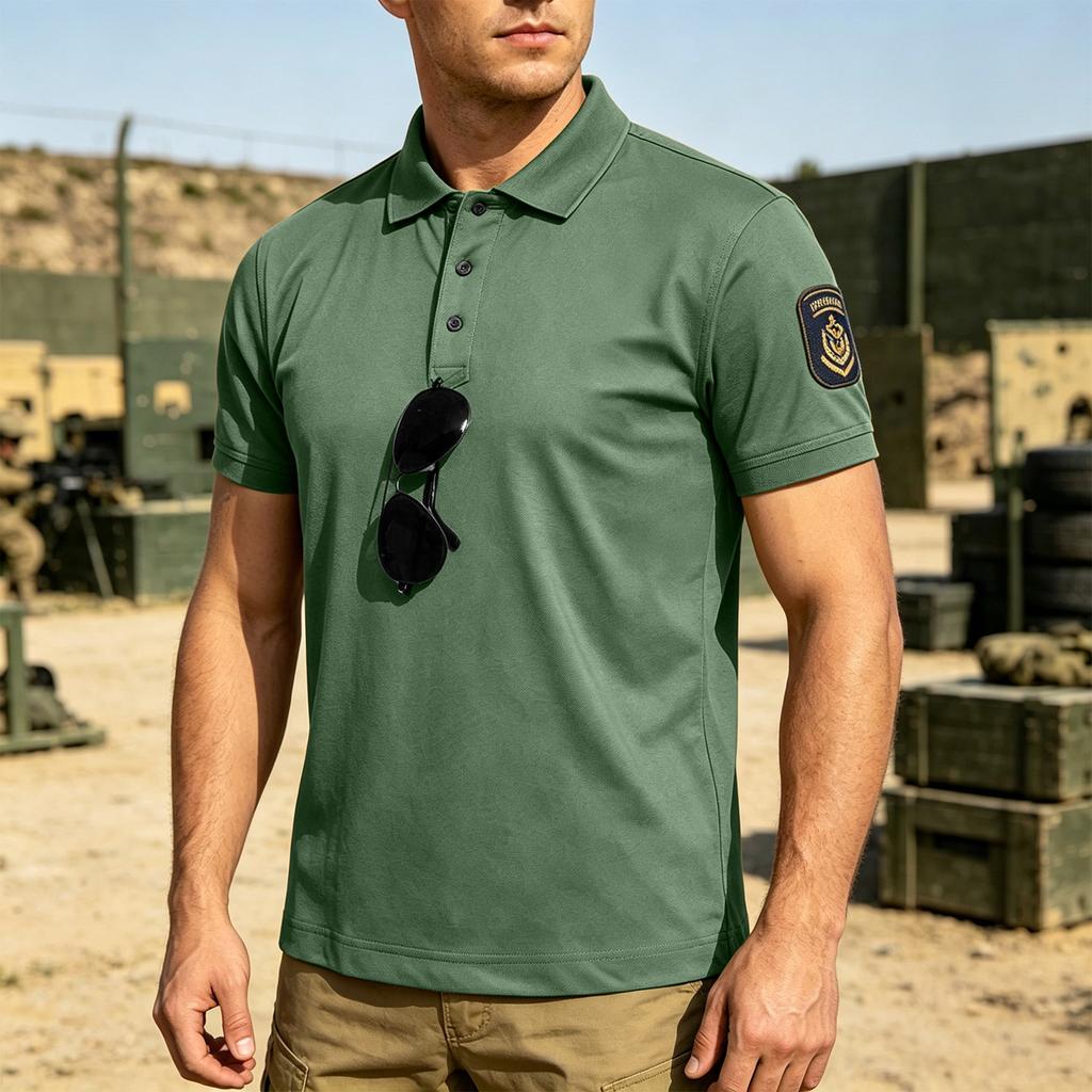 Men's Tactical Quick Dry Polo Shirt Loose Fit Breathable Outdoor Short Sleeve Shirt with Hook and Loop Collar for Casual Use