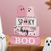 Ghost Sign Wooden Ghost Halloween Tiered Tray Decor Block Decorative Display for Indoor Shelf Home Coffee Bar Party Festive