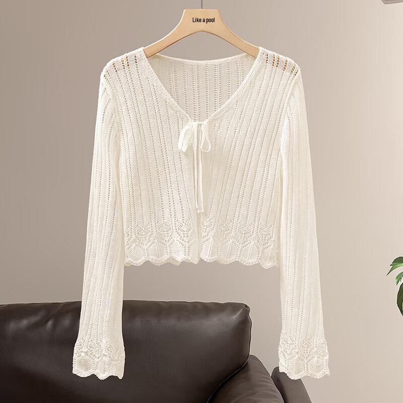 Women s V-Neck Tie-Up Hollow Knit Cardigan M