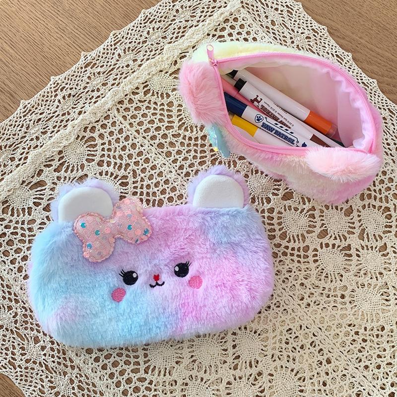 Colorful Pencil Case Plush Pencil Cases For Girls Trousse Cute Bow Kalemlik School Supplies Pencil Pouch
