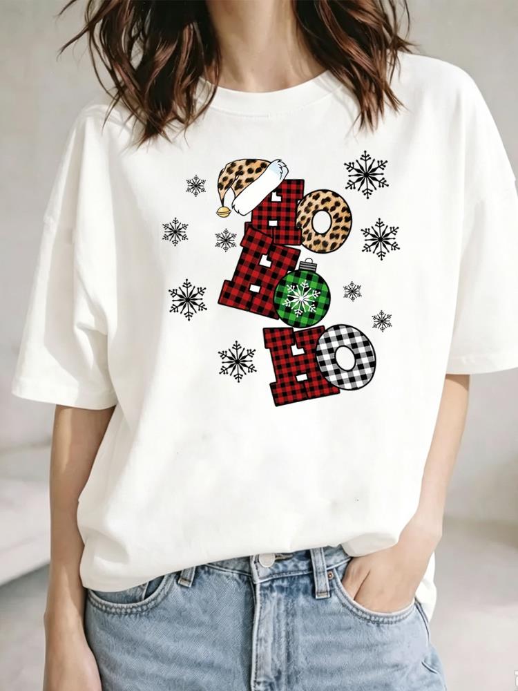 (Asian Size) Christmas Festival Tee Top New Year tree letter cute Clothing T Shirt Women Fashion Print Female Woman Short Sleeve Graphic T-shirts