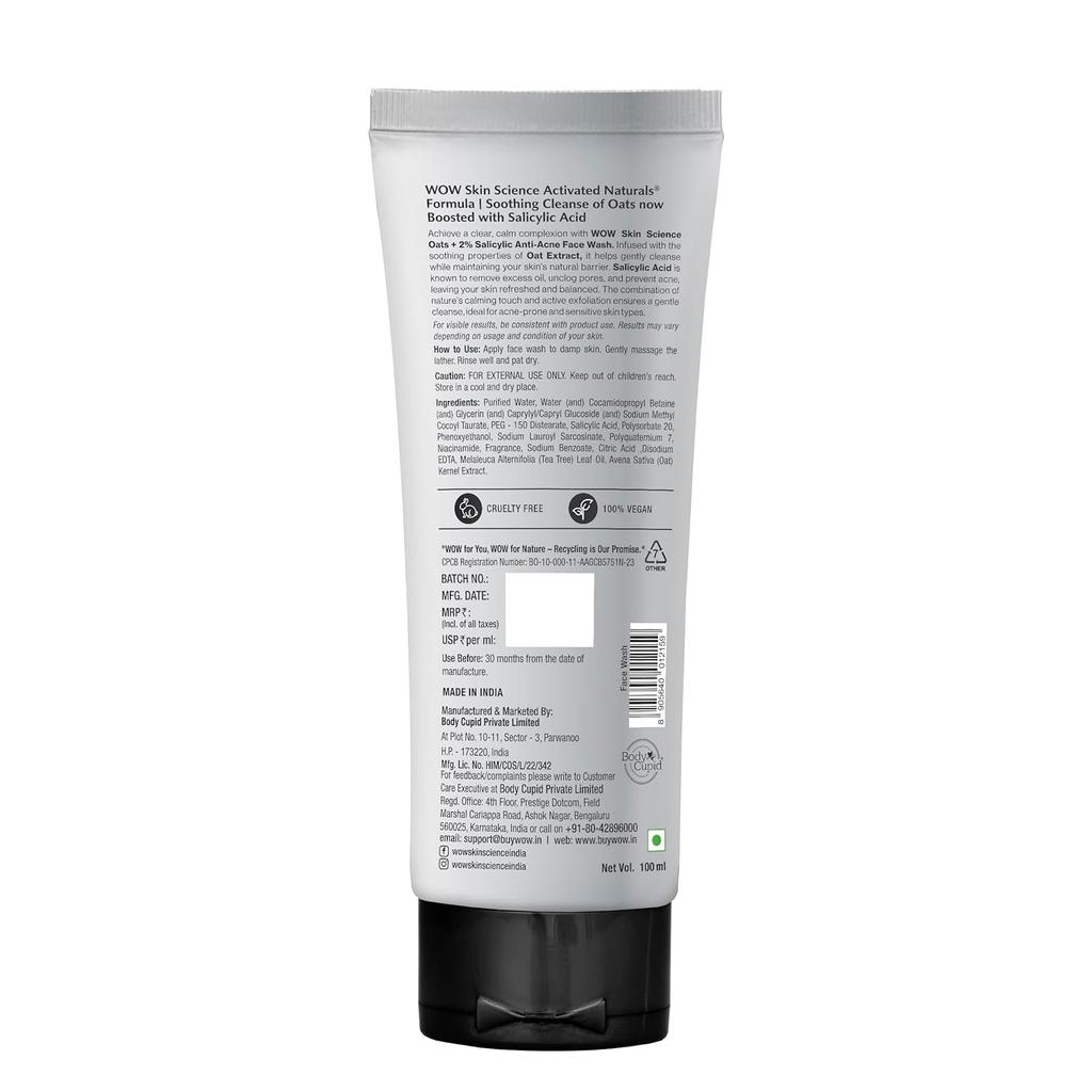 WOW Skin Science Men Anti Acne Face Wash With Oat Extract And 2% Salicylic Acid | Targets Breakouts And Oil Control | 100 Ml