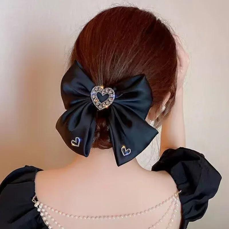 New Fabric Bow Hair Clips Crystal Heart-shaped Spring Clip Hairpins for Women Barrettes Korean Headpiece Girls Hair Accessories