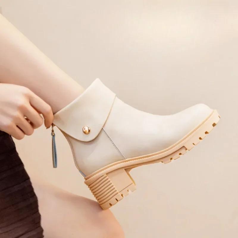 Fashion Round Toe Booties Black Large Size Warm Ankle Boots for Women Comfortable and Elegant Chic Designer Luxury Pu Woman Short Shoes