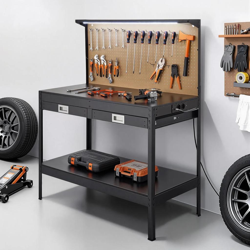 VEVOR Hardwood Workbench, 110 kg Weight Capacity, 1200 mm Heavy Duty Workbench with Pegboard, 4 AC Outlets & 2 USB Ports