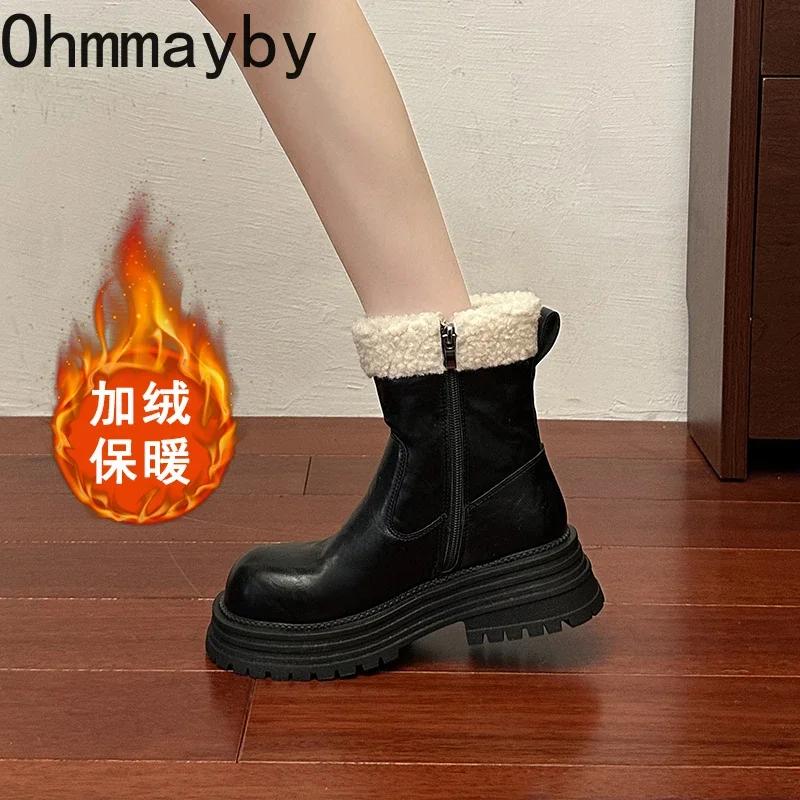 Winter Women Warm Plush Snow Boots Fashion Back Zippers Short Booties Concise Thick Heel Women's Cotton Shoes