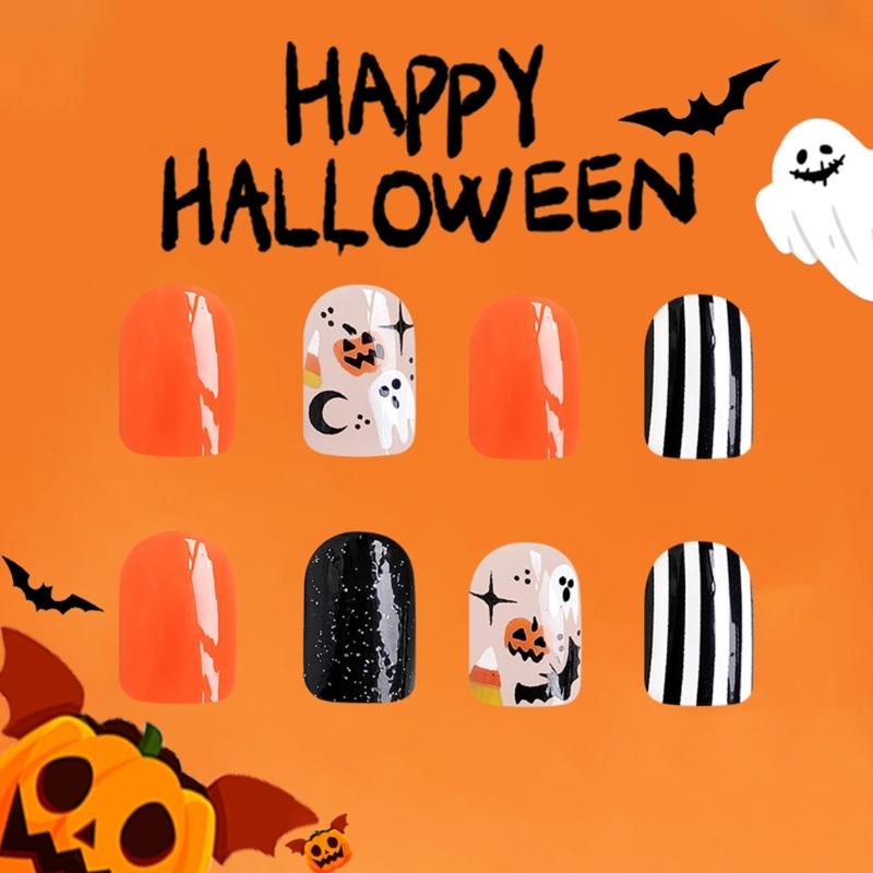 24Pcs Halloween Fake Nail With Spooky Ghostly Stripes Pumpkin Bat Patterns Plastic Nail Art For Women Party Decoration
