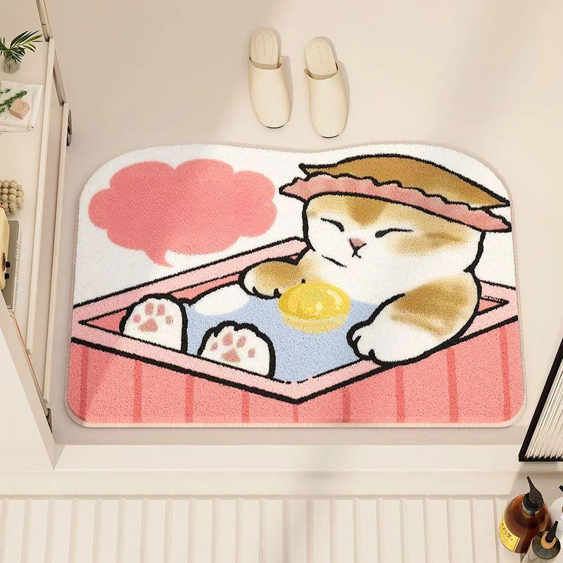 Cute Cat Printed Plush Floor Mat, Absorbent Anti Slip Cartoon Carpet, Entrance Bathroom Bedroom Home Decoration