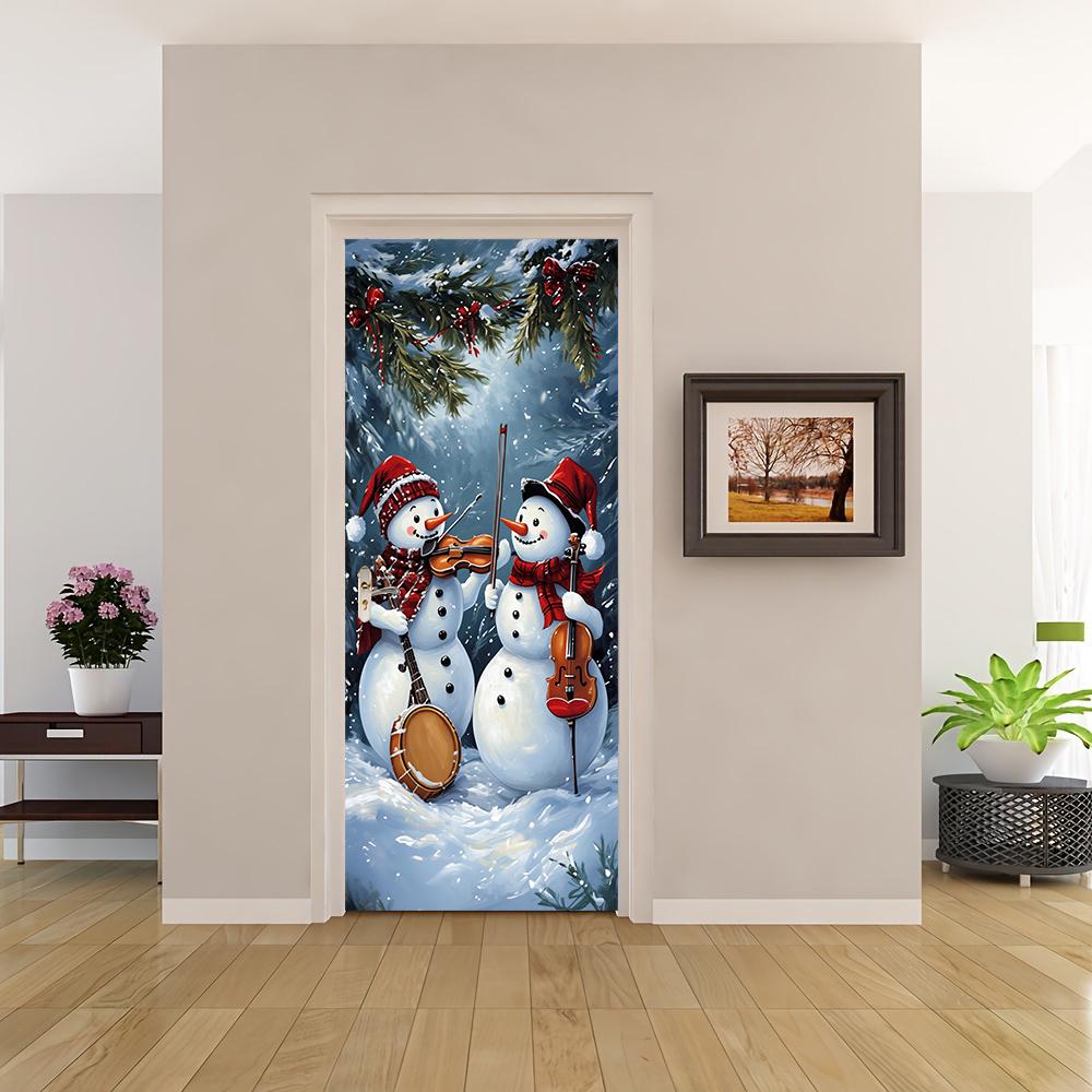 1pcs Christmas Decorative Door Stickers Cartoon Snowman Band Pattern Creative Festival Entrance Glass Stickers New Year Party Wi