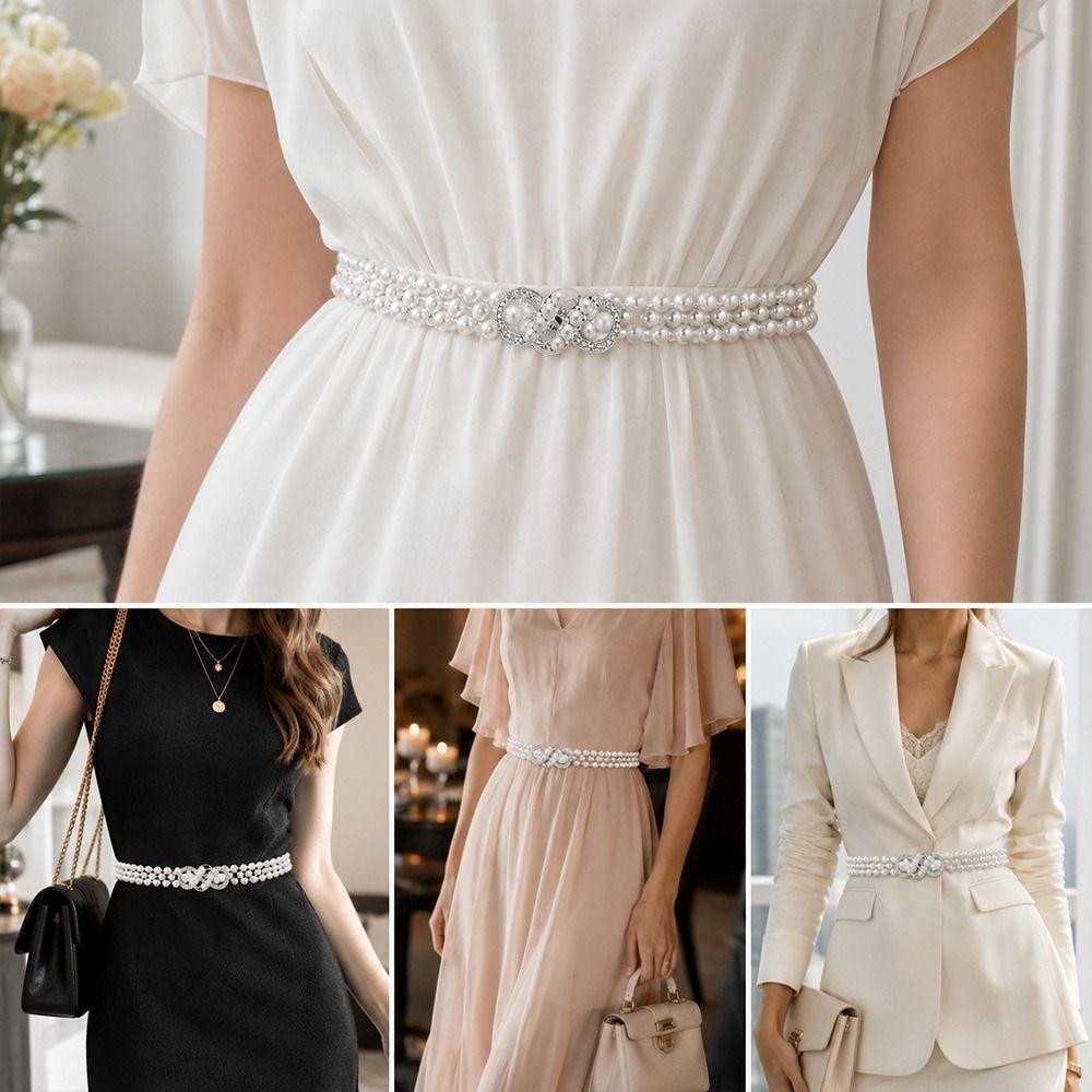 Thin Narrow Style Pearl Waist Chain Pearl Beads Rhinestone Decor Strap Dress Matching Decor