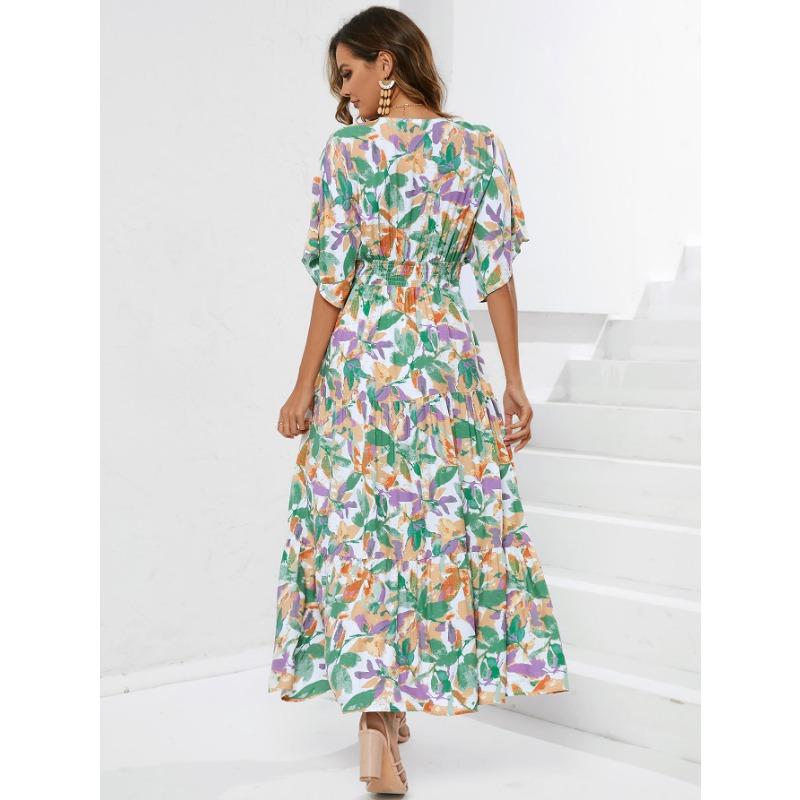 YYFS Dámská móda Léto Jaro Květinový potisk Neformální šaty s krátkým rukávem a výstřihem do V s vysokým pasem