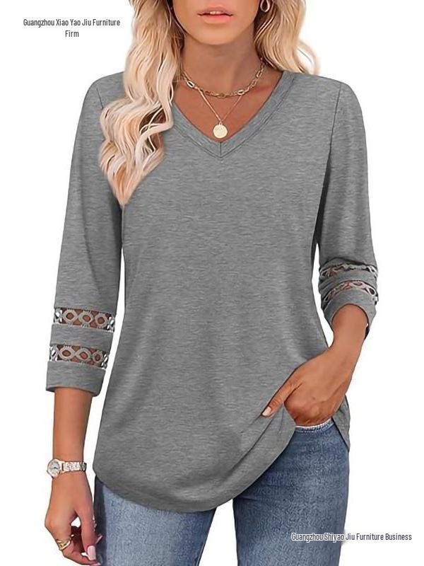 2026 Women's Fashion Solid Color V-Neck Loose Three-Quarter Sleeve Round Neck Hollow-Out Casual Top
