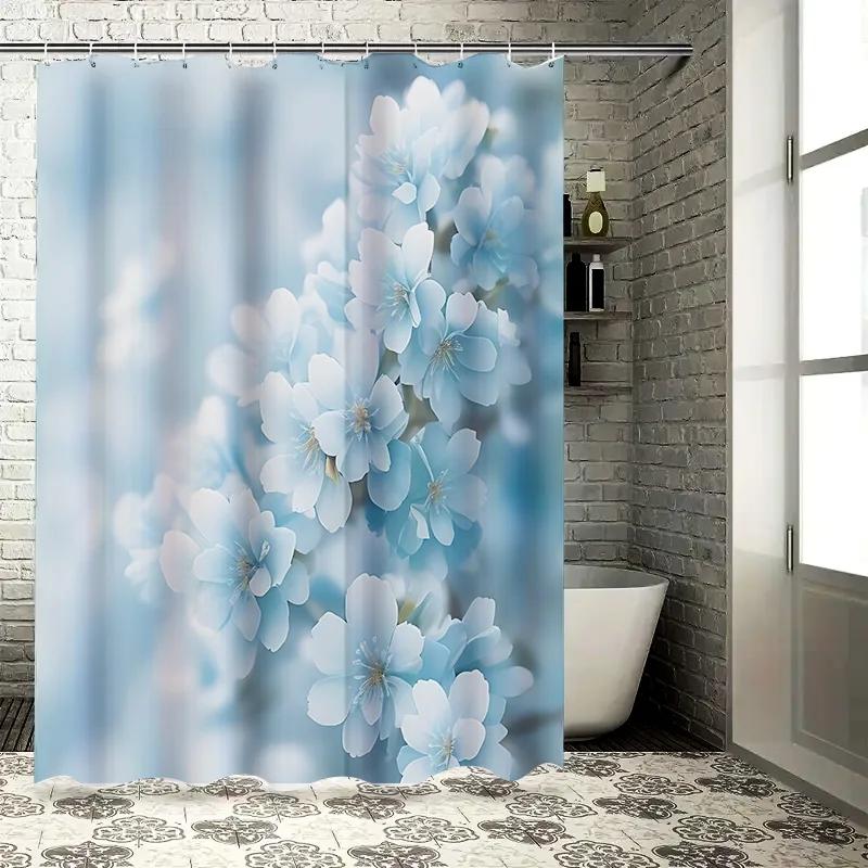 Blue Flower Pattern Shower Curtain for Bathroom Decor - Elegant and Soft Design for Your Home Waterproof Durable Easy-Clean