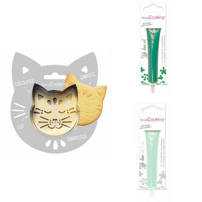 Cat Embossed Biscuit Kit + 2 Green and Sea Green Chocolate Pens