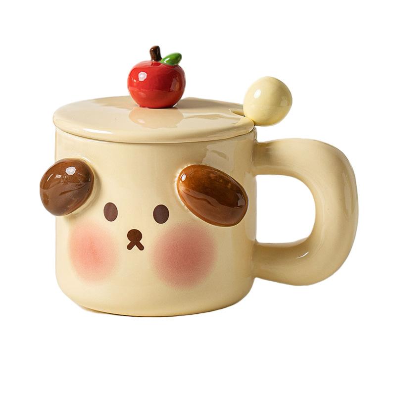 Cute Ceramic Puppy Mug with Lid Spoon Card  Animal Pink Girlish Office Water Cup  Coffee Cup