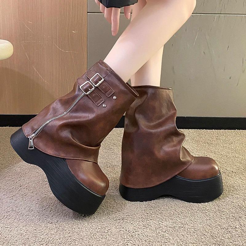 Soft Leather Ankle Mid Calf Boots Winter Autumn High Platform Wedge British Booties Woman New Ladies Chunky Motorcycle Boots