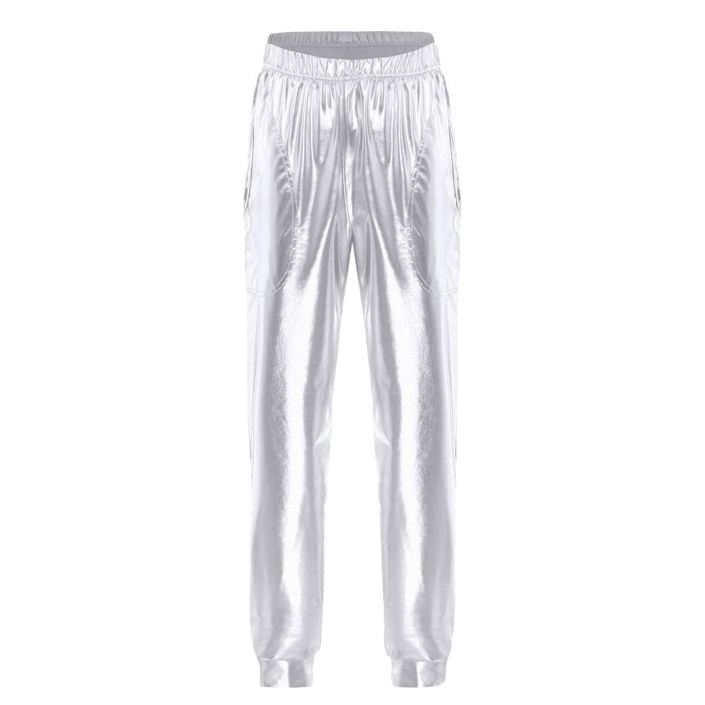 Damen Metallic Tanzhose Hoher Bund Elastischer Bund Lockerer Schnitt Sporthose Glänzender Schimmer Moderne Hose