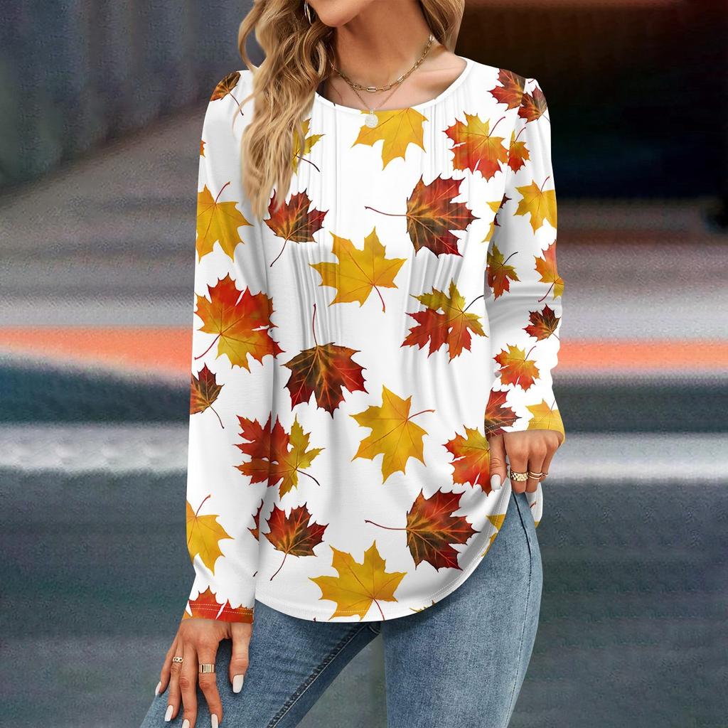 Women's Fashion Floral, Falling Leaves Dresses Autumn Casual Tops Long Sleeve Shirt Loose Pullover