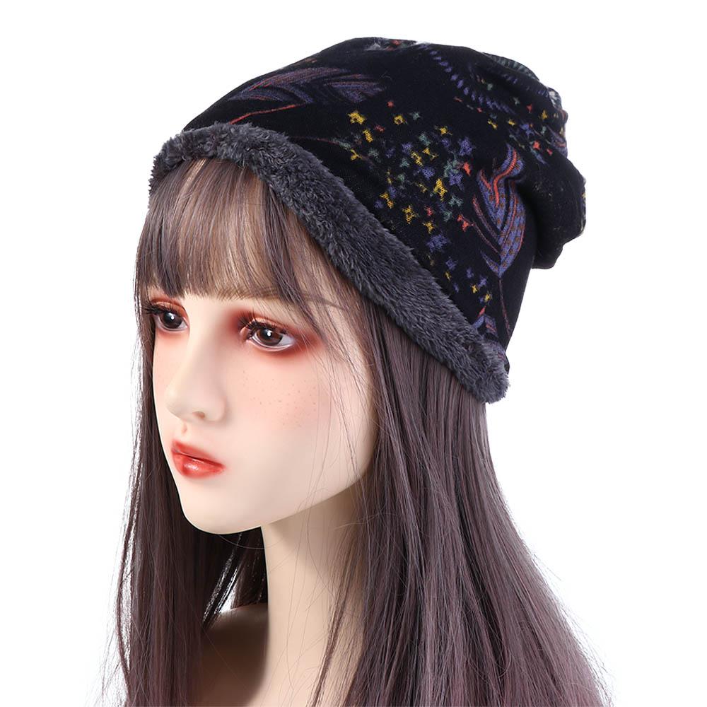 Fashion Autumn Print Flower Soft Plus Velvet Warmer Bib Hats Women Hat Velvet Bonnet Beanie