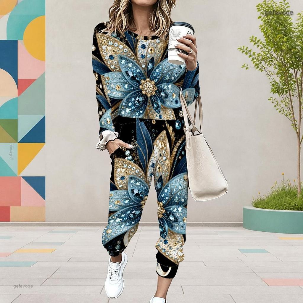 Women Plus Size Round Neck Long Sleeve Black Printed Two Piece Set Cuffed Top And Pants With Pockets