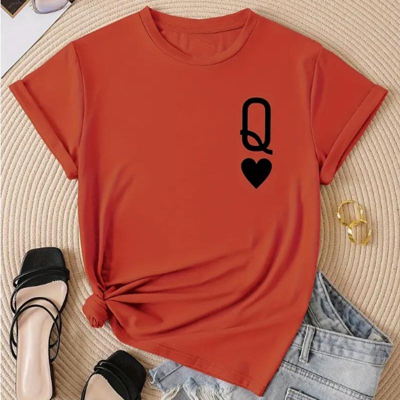 Fashion Women Q & Heart Print T Shirt Funny Casual O-neck Short Sleeves T-shirt Summer Female Tee Shirt