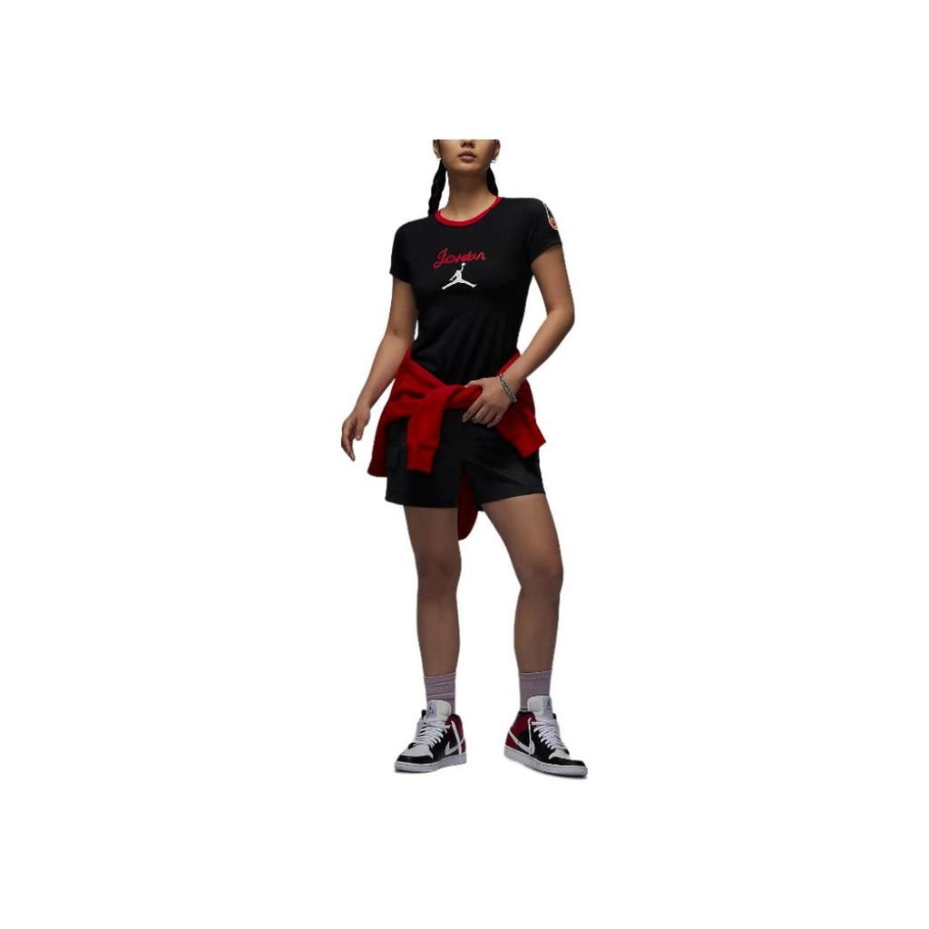 Jordan Logo Letter Print Color Block Round Neck Slim Fit Short Sleeve T-Shirt Women Tops Black HM4895010