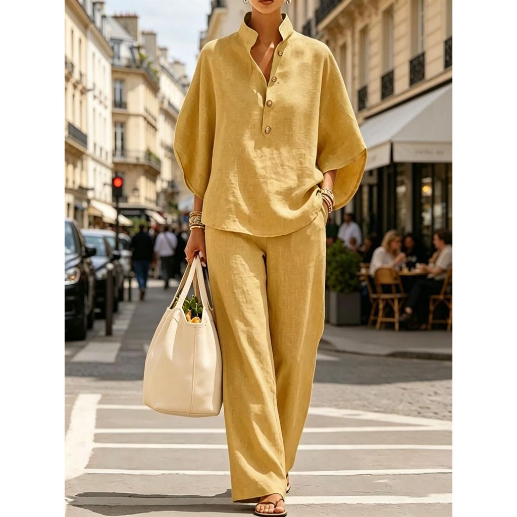 Women's Loose Fit Stand Collar Three Quarter Sleeve Linen Blend Two Piece Pant Set