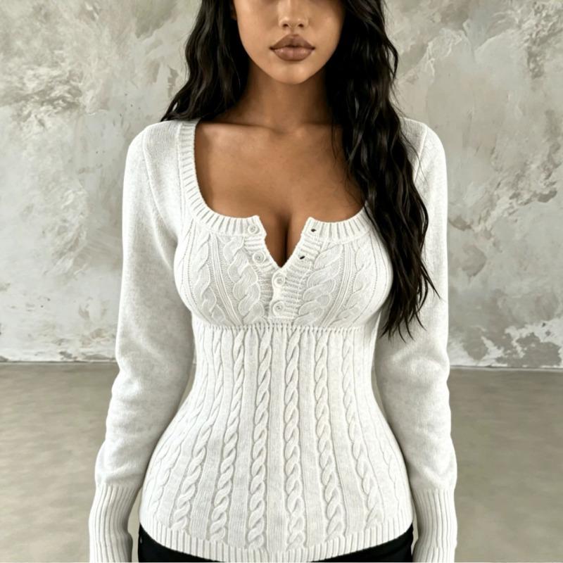Women S Solid Color Square Neck Long Sleeve Slim Fit Top