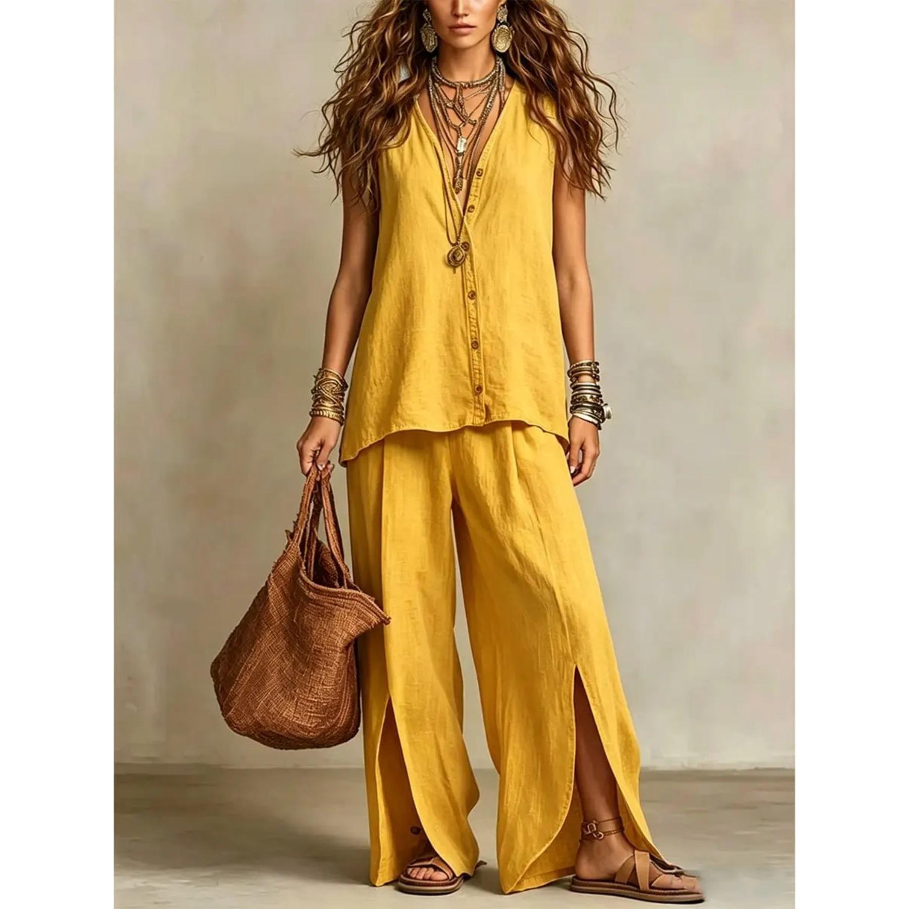 women s V-Neck Sleeveless Button Down 2 Piece Set Split Hem Wide Leg Pants Casual Summer Outfit S жёлтый