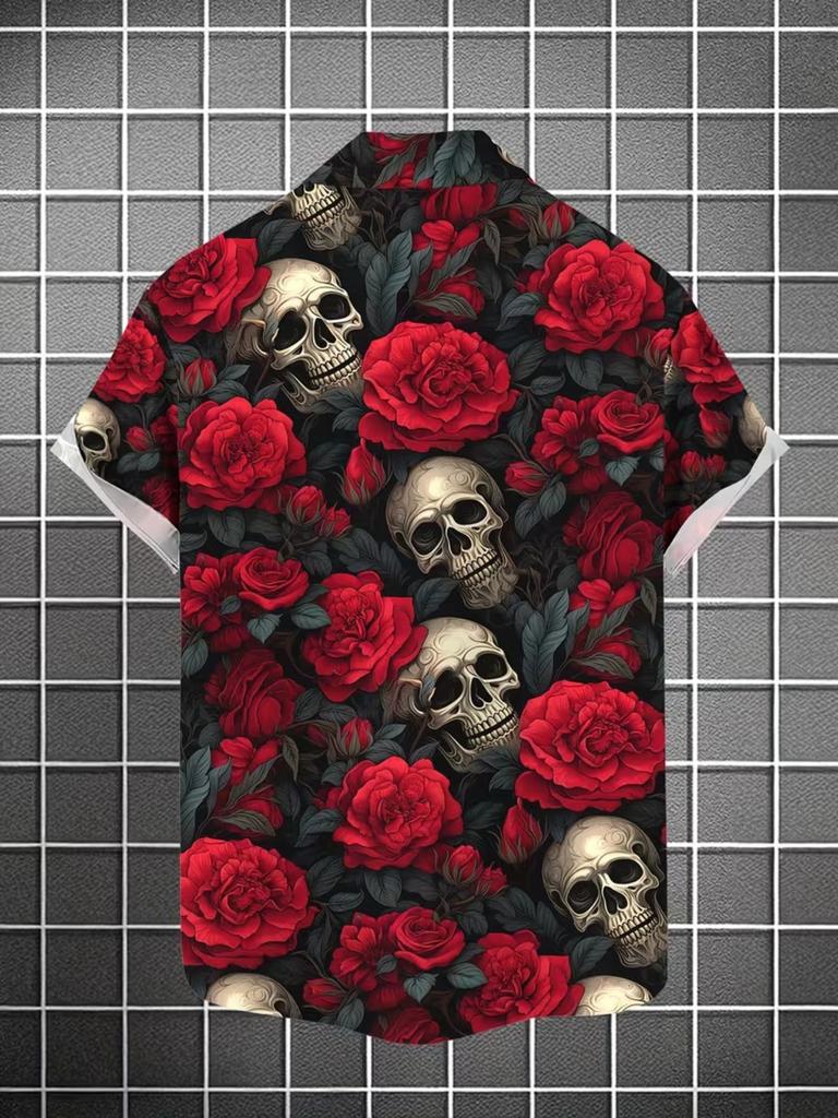 Skull Head Floral Print Men'S Casual Shirt Single Breasted Button-Up Short Sleeve for Summer Vacation & Casual Attire Everyday