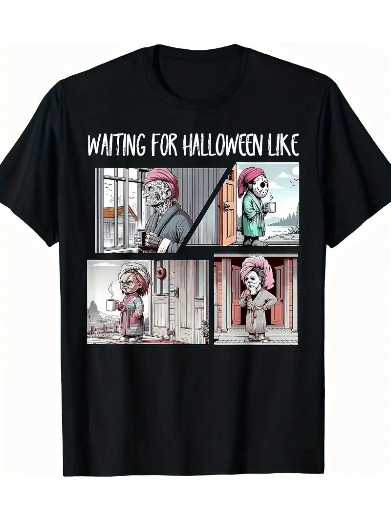 Casual Cotton Tshirt Halloween Party and Casual Clothing Unisexs Black Waiting for Halloween Horror Movie Pattern Tshirt S