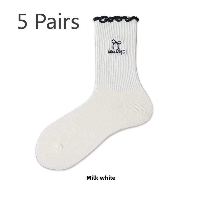 

5 Pairs of Women s Autumn Mesh Breathable Bow Embroidered Mid Calf Socks 5 Pairs слоновая кость