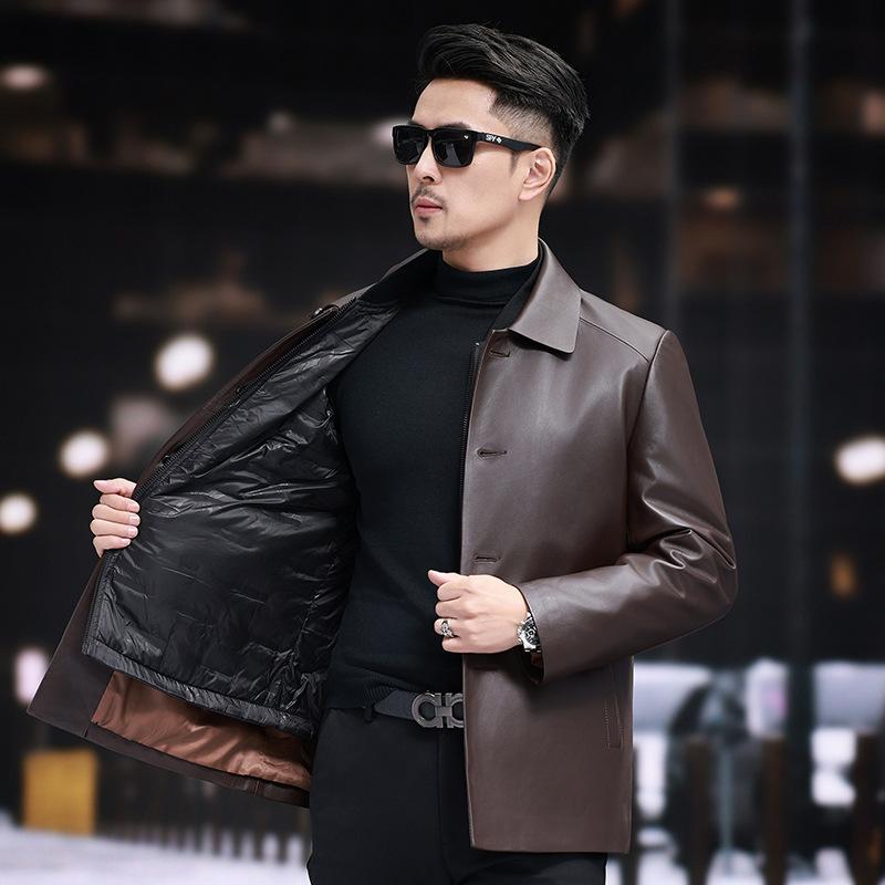 Men's genuine leather jacket autumn and winter new mid-length single-breasted sheepskin jacket for middle-aged and elderly people