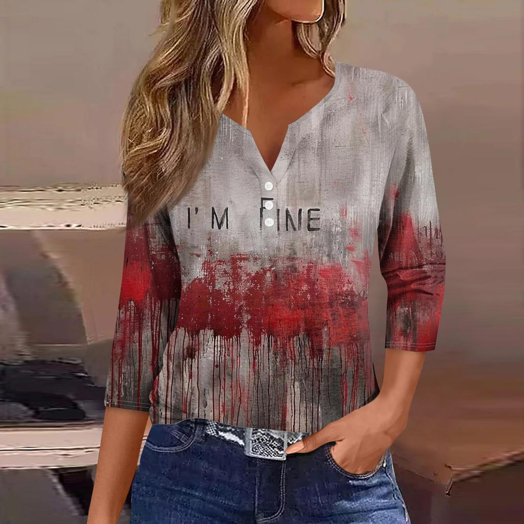 Damesmode Casual Halloween Print V-hals Korte Mouw Decoratieve Knop Driekwart Mouw T-shirt Top