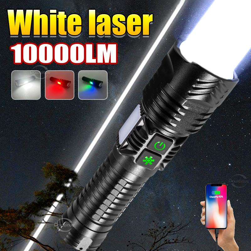 

Супер 10000LM Белый лазерный фонарик Прожектор дальнего действия Мощные светодиодные фонарики Тип-c Перезаряжаемый фонарь