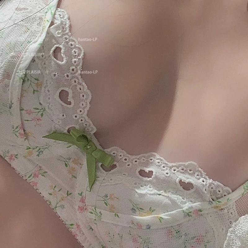 

White Floral Lace Bra with Green Bow and Adjustable Straps S белый
