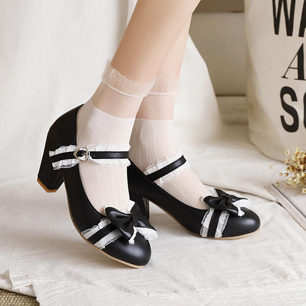 Autumn New Women's High Heels Sweet Lace Bow Princess Fashion Party Shoes Buckle Thick Heels Ladies Wedding Pumps Size 32-48