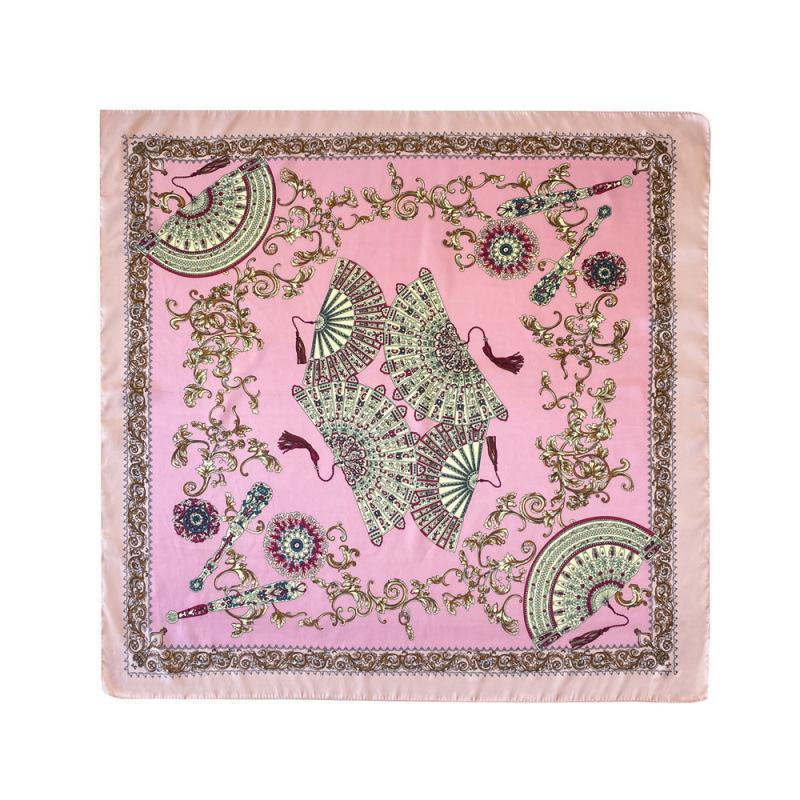 Silk Scarf Large Square Scarf Women's High-end Silk Scarf Fan Printed Scarf Beige Headscarf